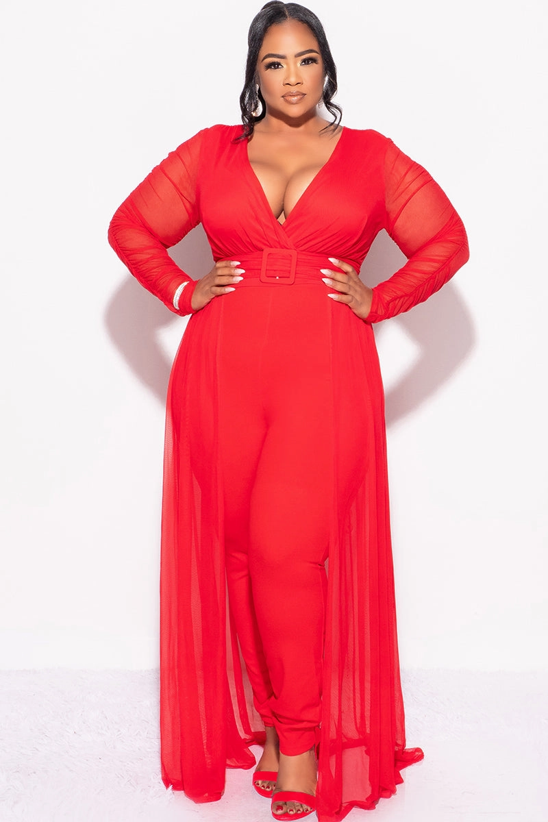 Anti Pilling Durable Reinforced Elbow Patches Final Sale Plus Size Mesh Ruched Sleeve Jumpsuit with Attached Long Skirt in Red