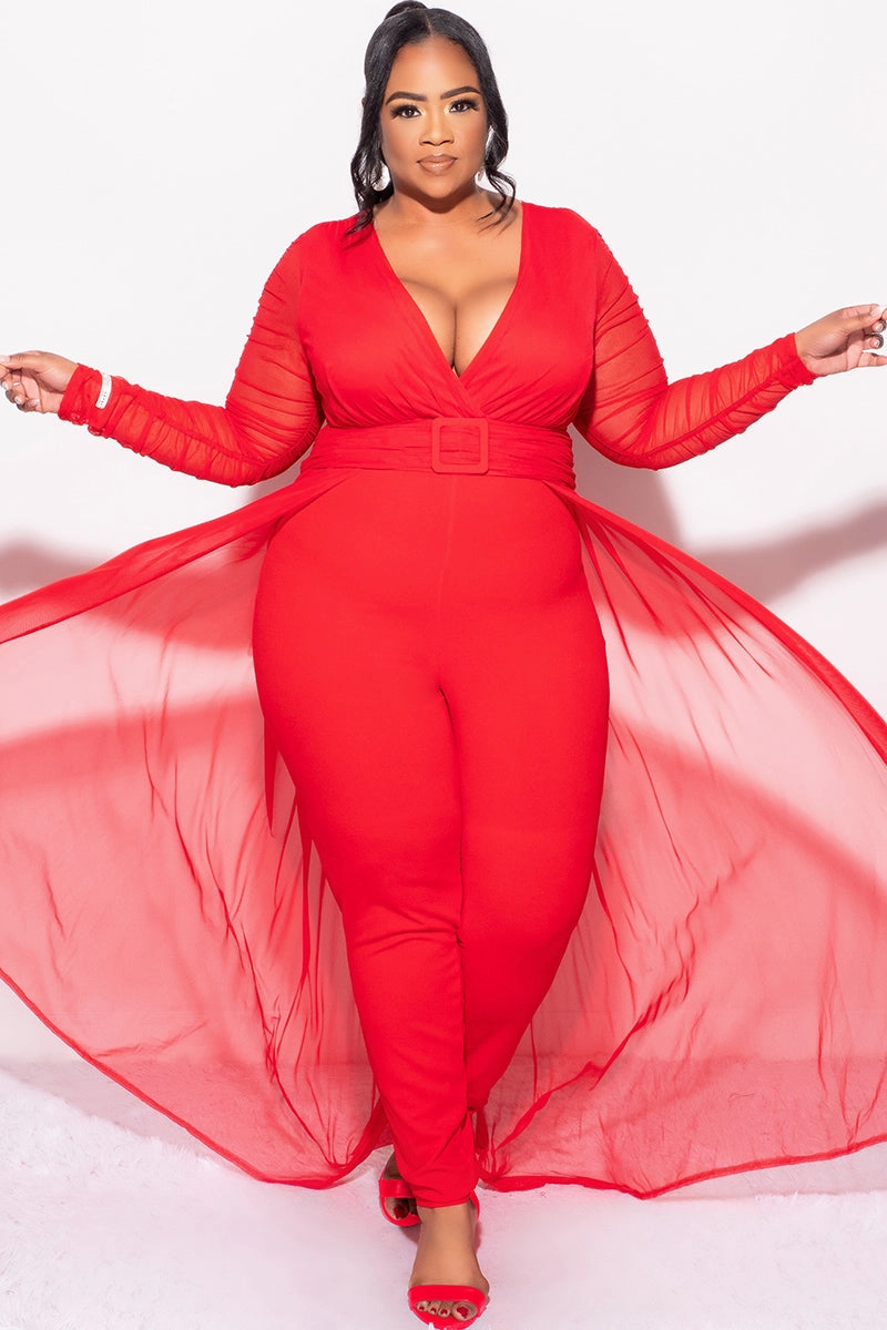 Final Sale Plus Size Mesh Ruched Sleeve Jumpsuit with Attached Long Skirt in Red AthleisureCompatible hypoallergenic material