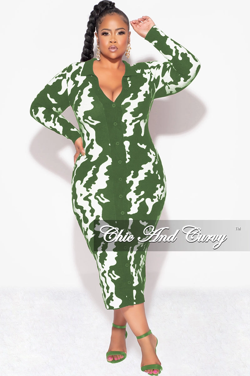 Casual Vibe Flexible Ankle Cuffs Final Sale Plus Size Button Up Midi Sweater Dress in Olive and Off White Design Print