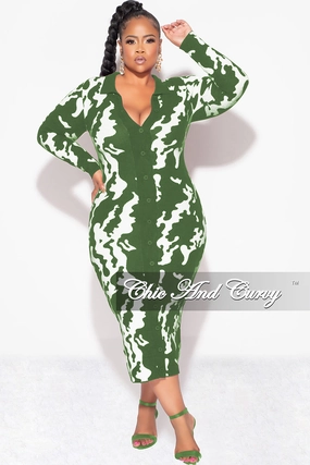 Casual Vibe Flexible Ankle Cuffs Final Sale Plus Size Button Up Midi Sweater Dress in Olive and Off White Design Print