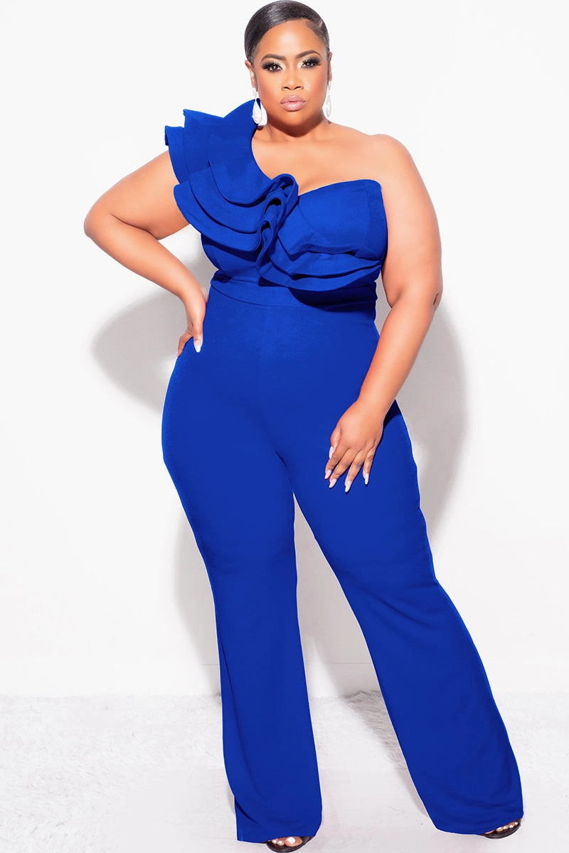 Quick Release Buckle Final Sale Plus Size One Shoulder Ruffle Trim Jumpsuit in Royal Blue