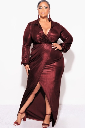 Midweight Four Way Stretch Ventilated Panel Design Final Sale Plus Size Faux Wrap Pleated Waist Foil Dress in Wine
