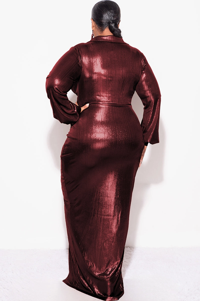 Final Sale Plus Size Faux Wrap Pleated Waist Foil Dress in Wine Recycled Polyester Fabric Summer Blouse
