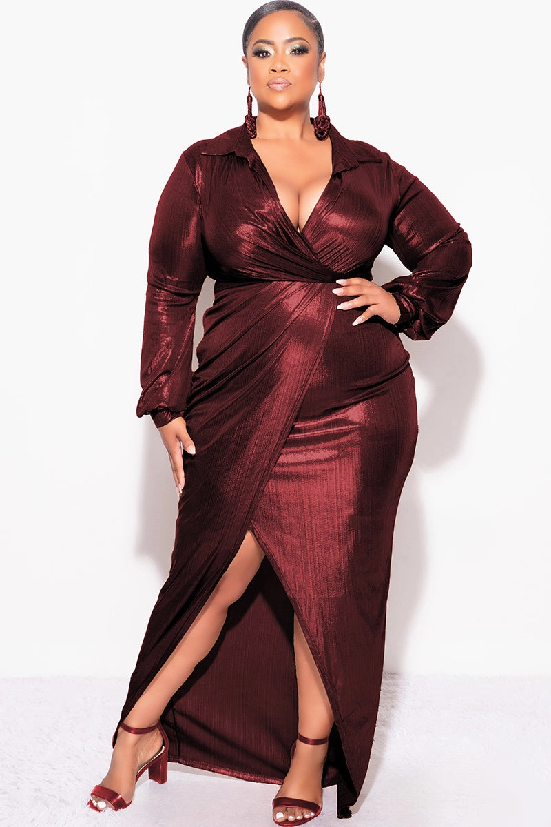 Midweight Four Way Stretch Ventilated Panel Design Final Sale Plus Size Faux Wrap Pleated Waist Foil Dress in Wine