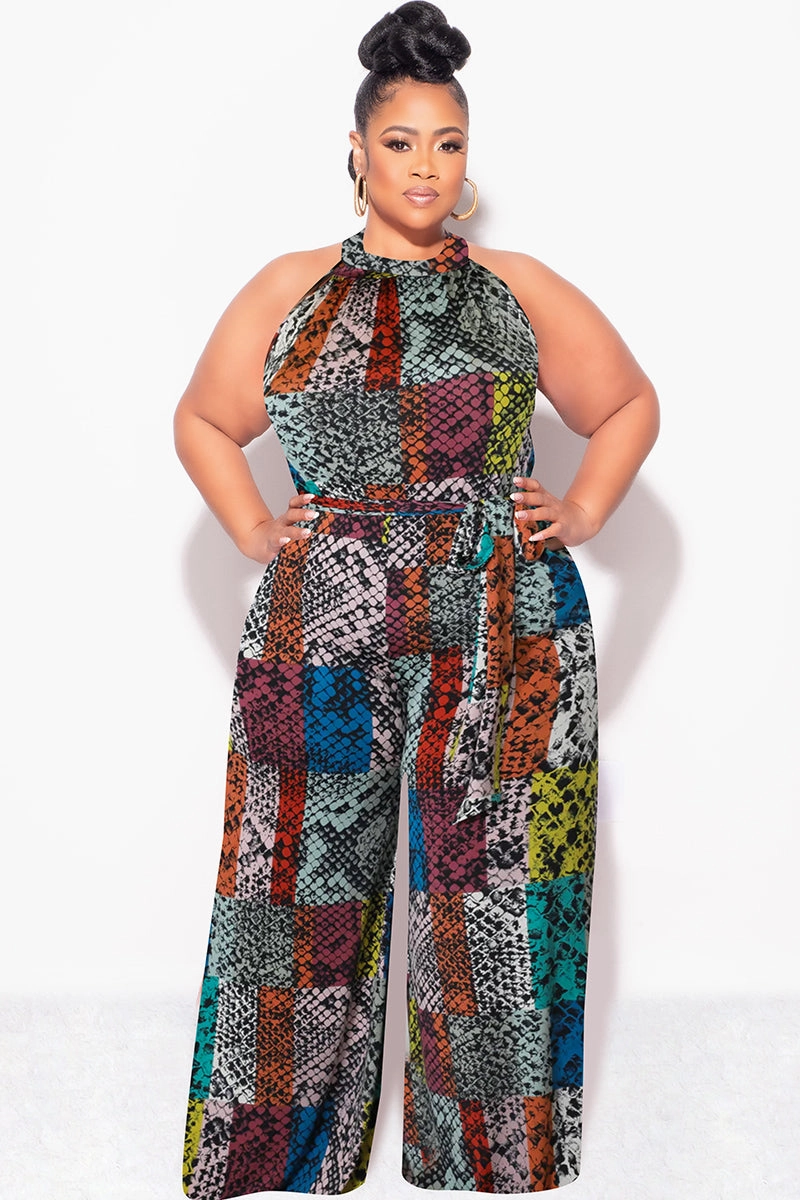 Final Sale Plus Size Halter Jumpsuit with Attached Tie Belt in Multi Color Snake Skin Print Stretch Layer Fit Base Layer