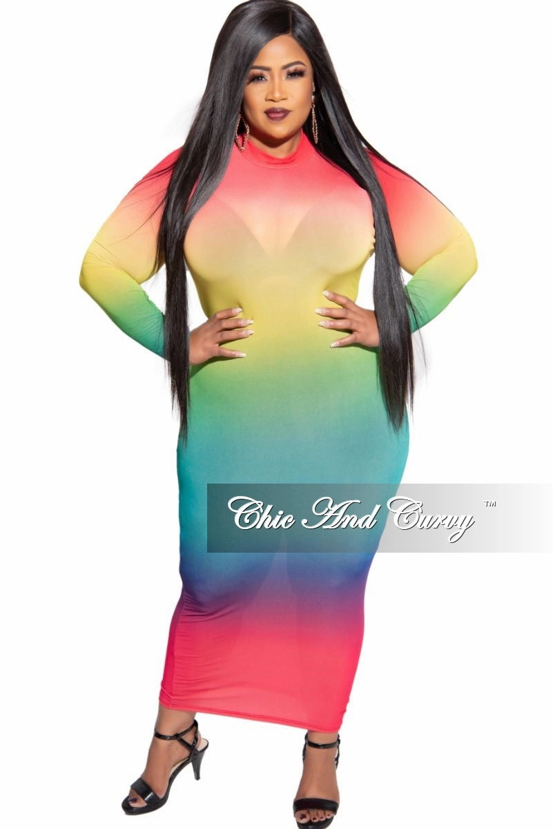 Sleek Look Quick Wear Final Sale Plus Size Sheer Mock Neck BodyCon Dress in Multi Color Tie Dye Print
