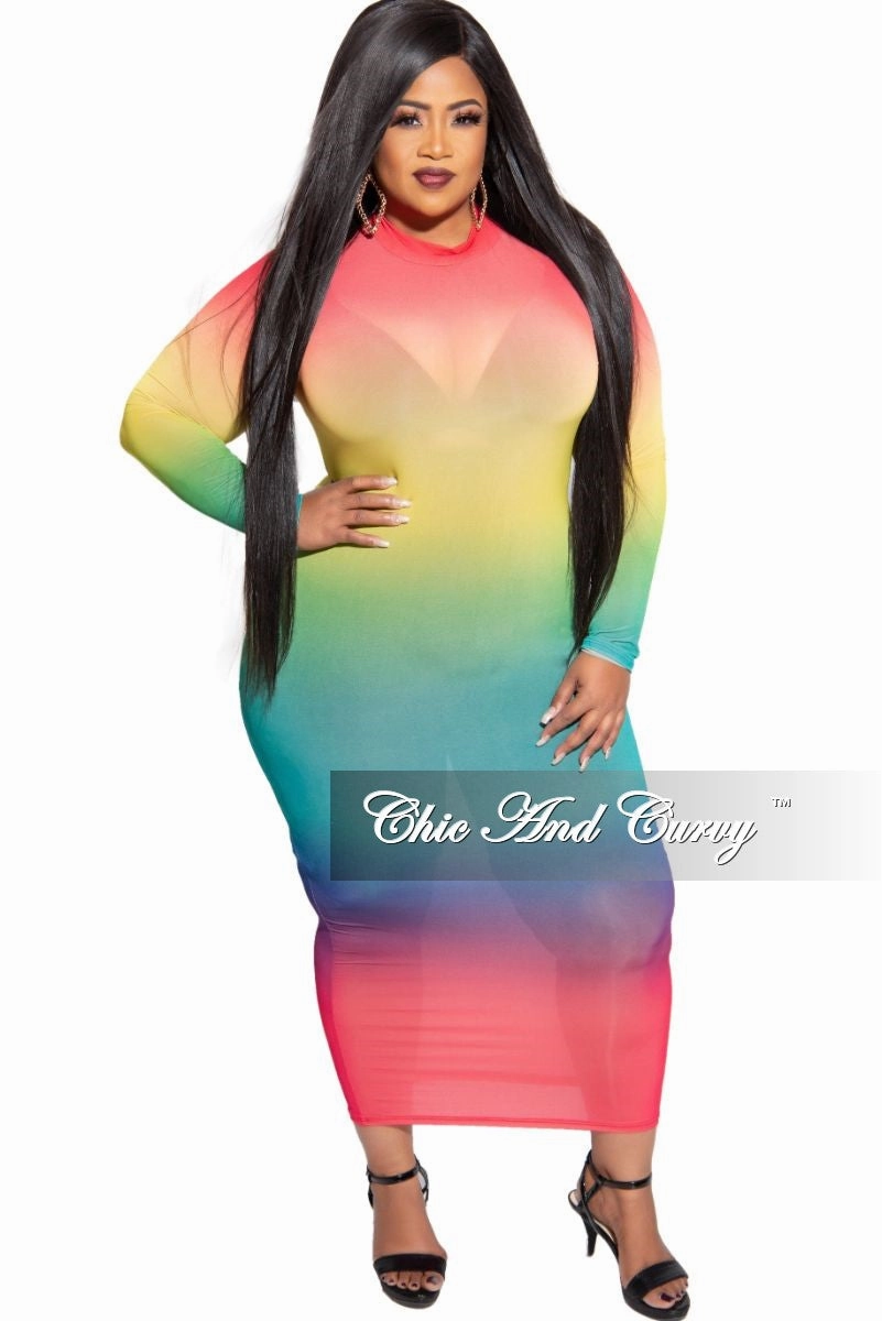Smart Wear anti slip grip Final Sale Plus Size Sheer Mock Neck BodyCon Dress in Multi Color Tie Dye Print