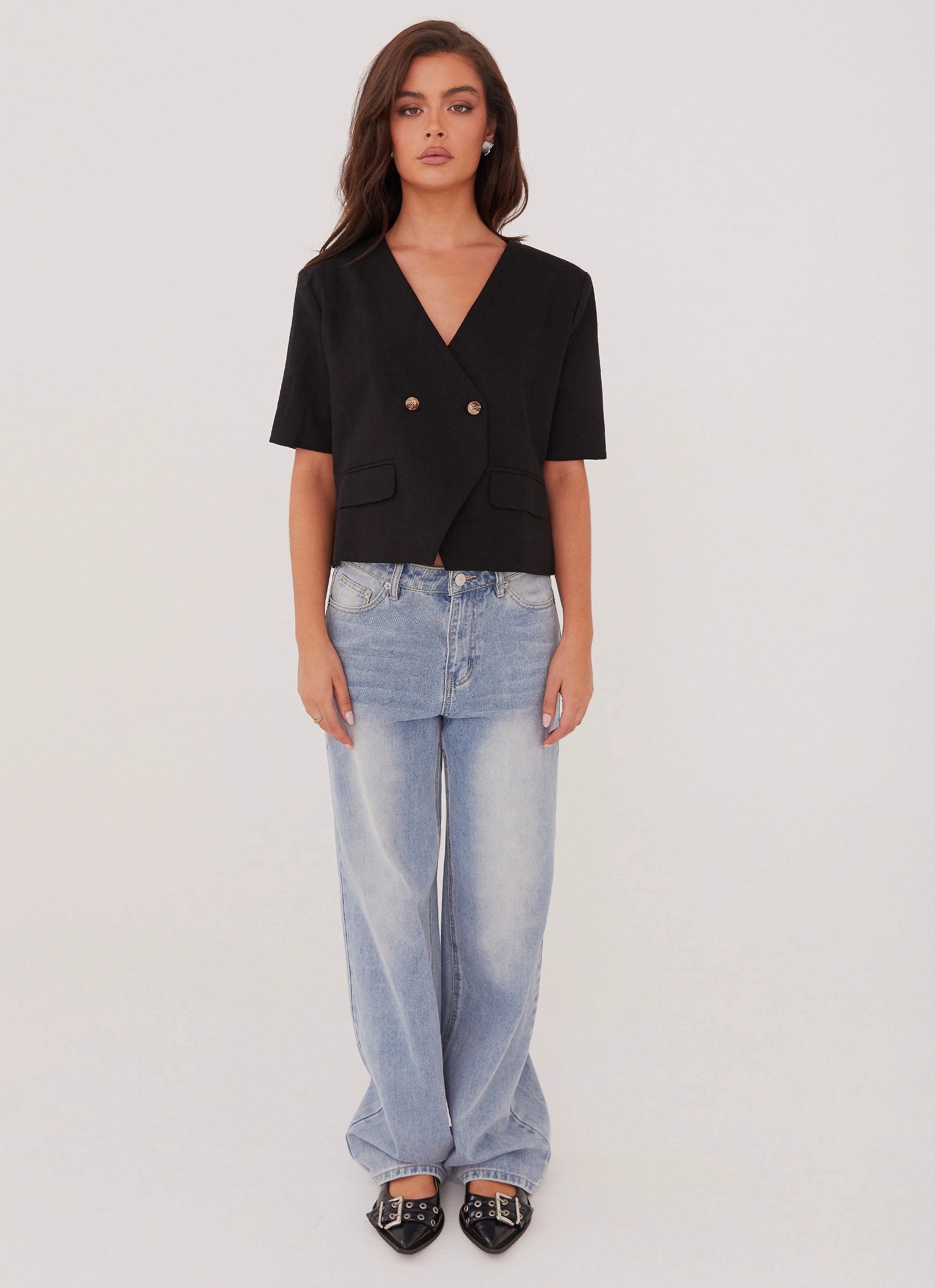 Noise Reduced Fabric Cold Days Hacienda Linen Short Sleeve Blazer - Black