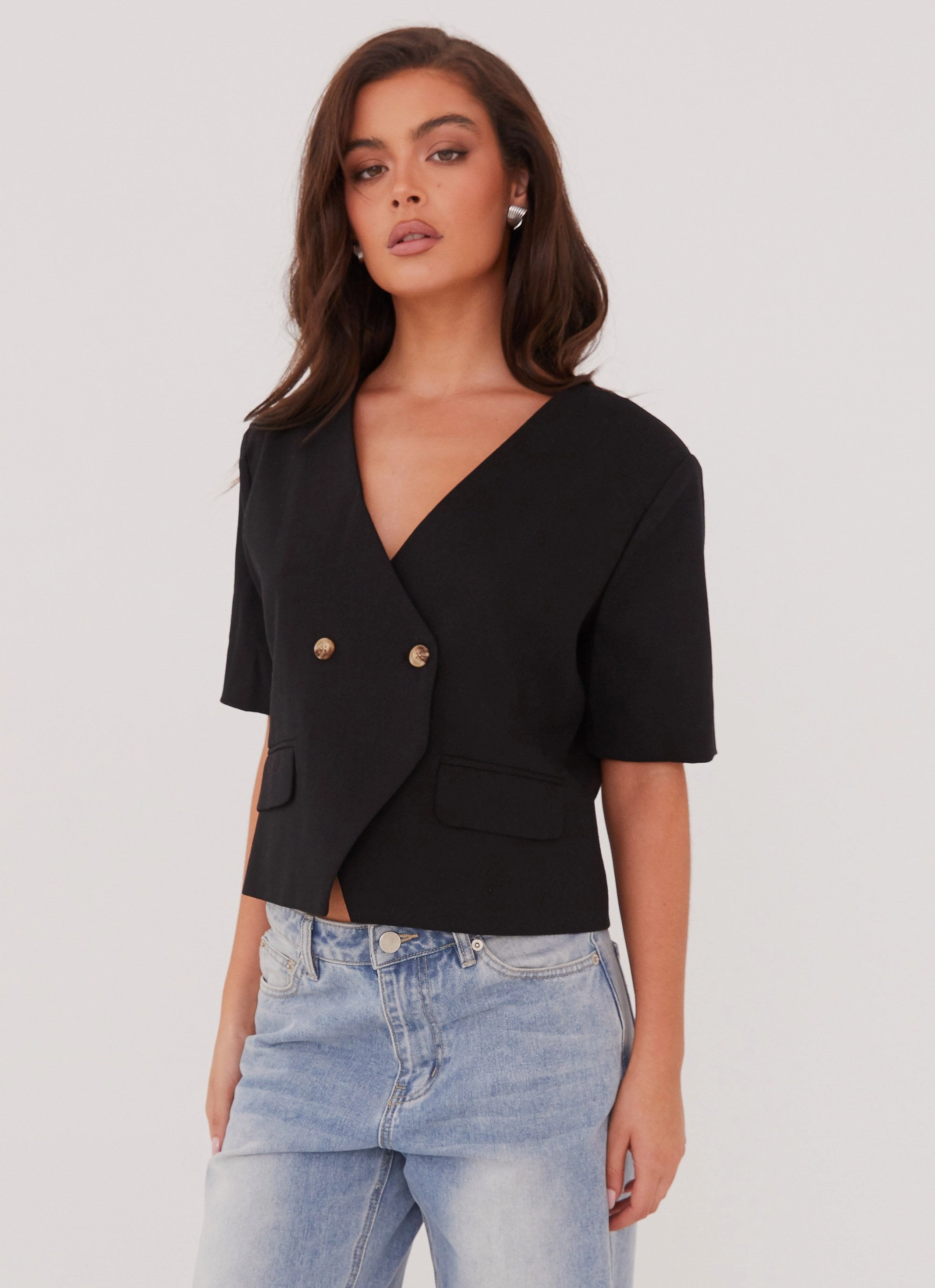 Breathable Layer Hacienda Linen Short Sleeve Blazer - Black