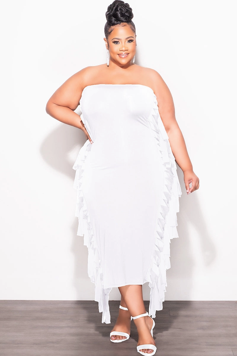 Final Sale Plus Size Strapless Fringe Dress in White Comfy Feel