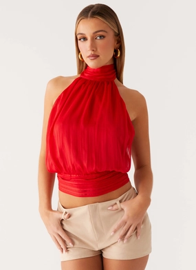 Willow Chiffon Top - Red Self Fabric Tie Closure
