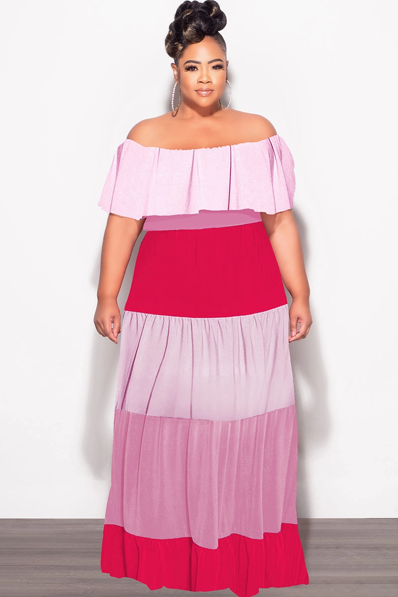 Non Tapered Leg Final Sale Plus Size Off The Shoulder Tiered Maxi Dress in Pink and Red