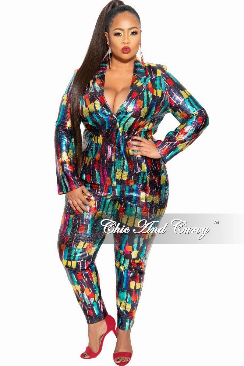 Final Sale Plus Size 2-Piece Pants Suit in Multi-Color Metallic Fabric Midweight Texture GarmentDyed