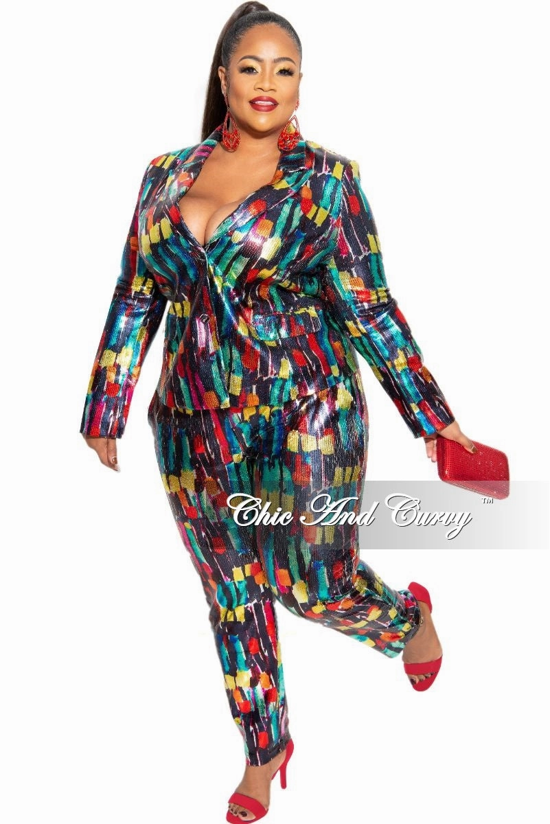Breathable back panel AdjustableDrawstring Final Sale Plus Size 2-Piece Pants Suit in Multi-Color Metallic Fabric
