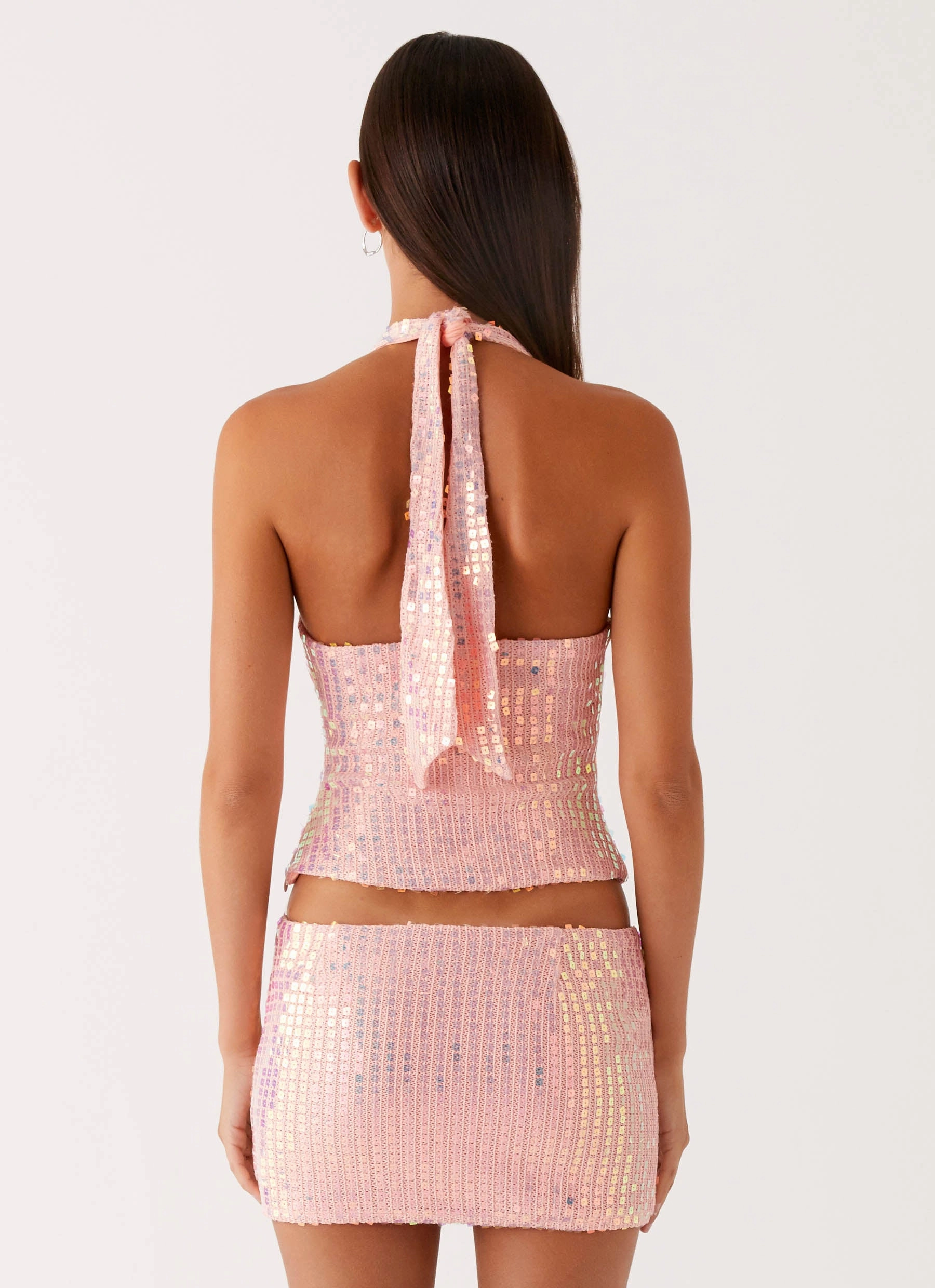 Been That Girl Halter Knit Sequin Top - Iridescent Pink Hypoallergenic Inner Layer QuickDryTechnology