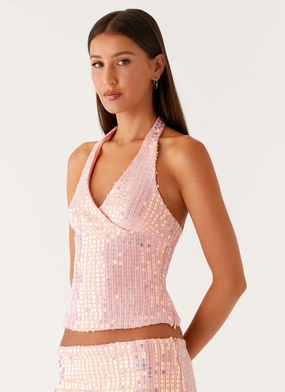Resilient Fabric Blend Been That Girl Halter Knit Sequin Top - Iridescent Pink