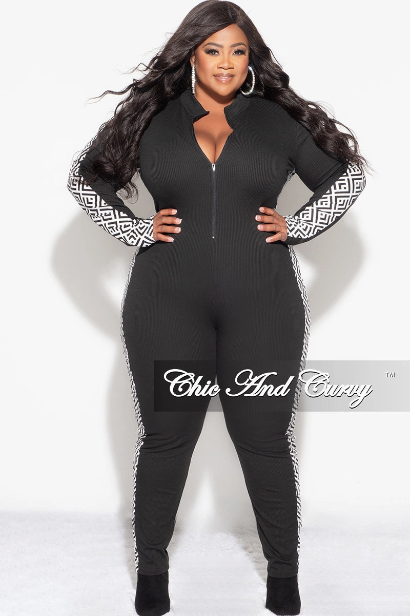 Final Sale Plus Size Knit Rib Zip Up Jumpsuit in Black with White and Black Design Print Active Comfort Wear