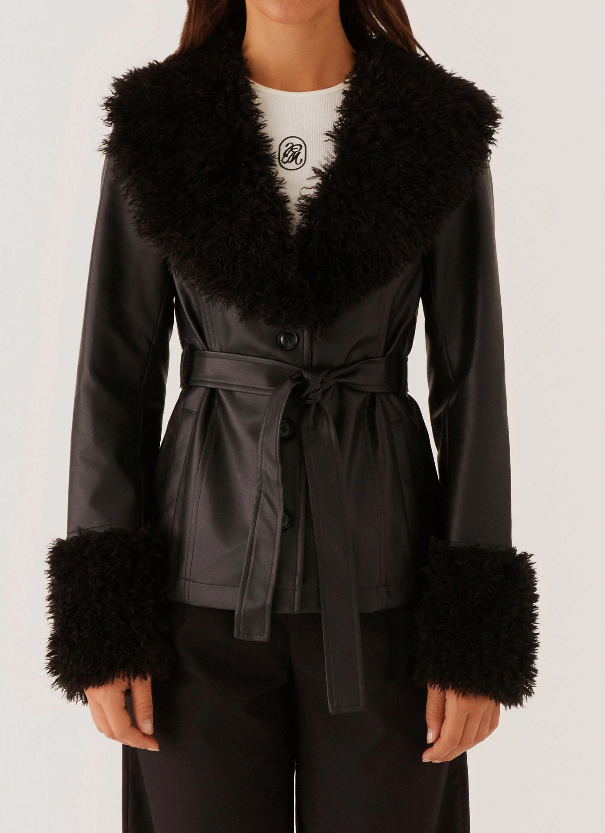 Stretch Cloth Street Lights Fur Trim Jacket - Black