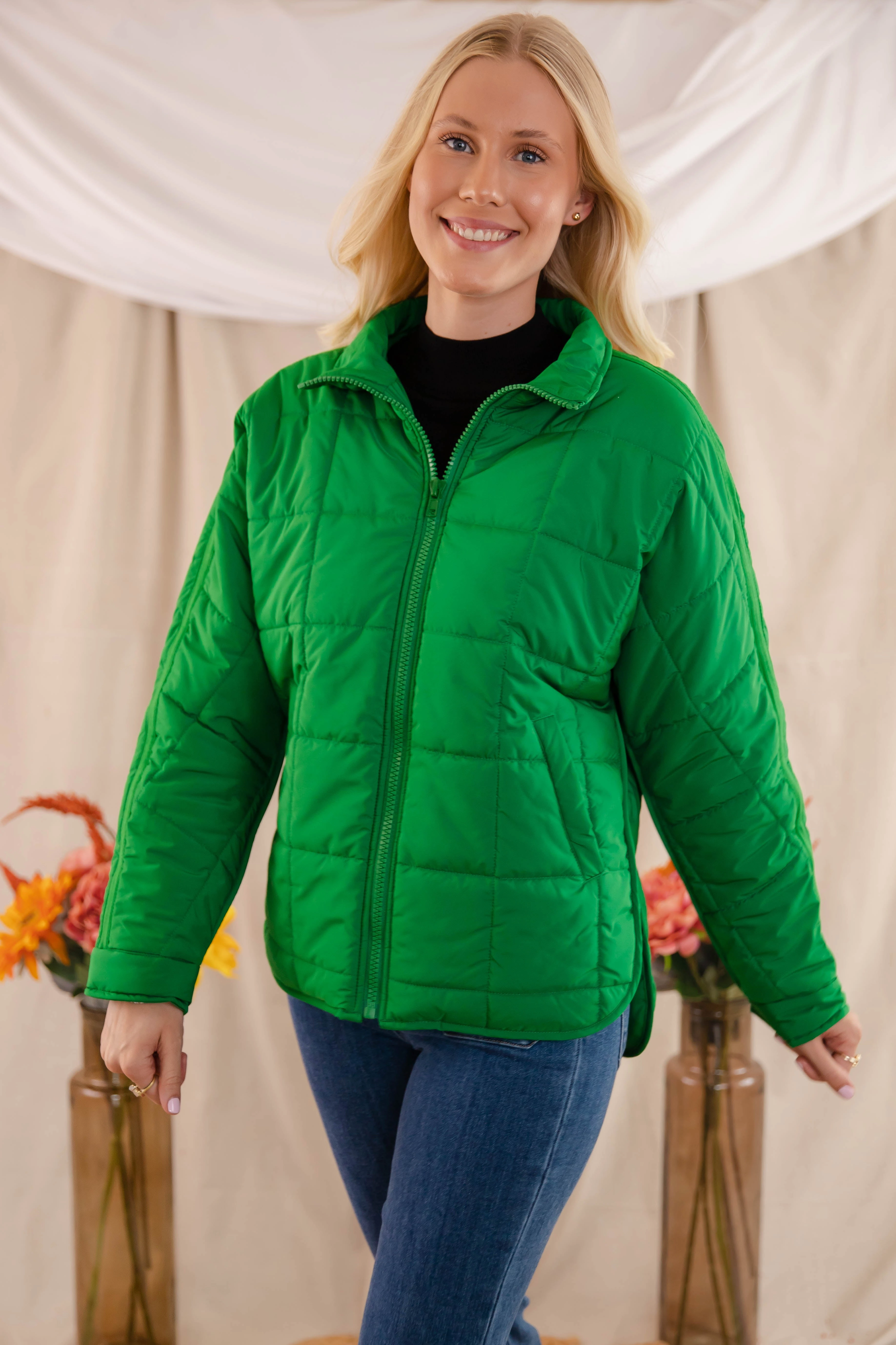 Don't Hesitate Puffer Jacket-Green simple design Stretchable Neckline