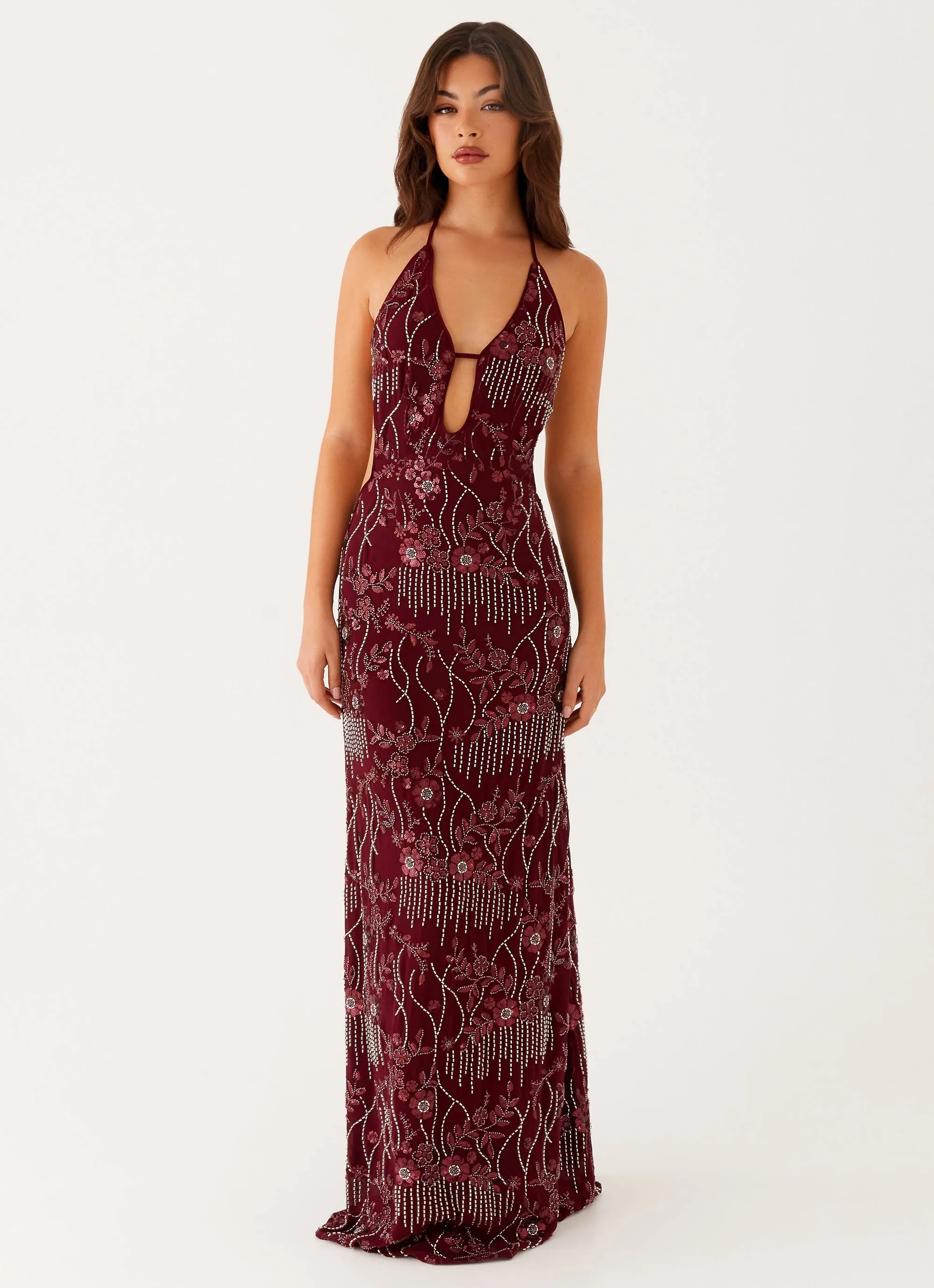 All For Love Maxi Dress - Burgundy Pose Sweet Adjustable-Straps