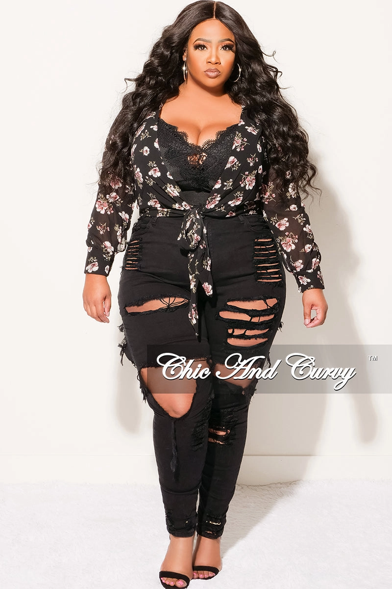 Practical Style AntiSlipGrip Final Sale Plus Size Chiffon Top in Black Floral Print Love
