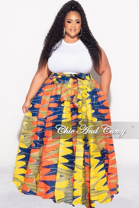 Final Sale Plus Size High Waist Maxi Skirt with Tie in Royal Blue Orang and Yellow Design Print Comfort Stretch High Durability Thread