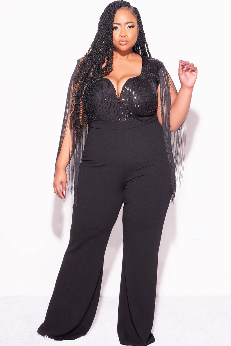 Final Sale Plus Size Fringe Shoulder Faux Wrap Sequin Jumpsuit Black Flattering Look