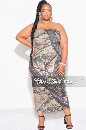 Final Sale Plus Size Strapless Dress with Back Slit in Brown and Grey Camo Street Utility