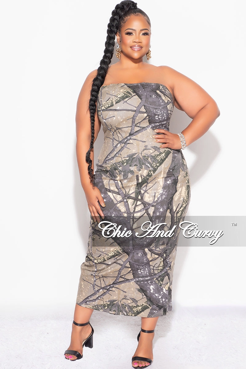 Abrasion Resistant Surface Final Sale Plus Size Strapless Dress with Back Slit in Brown and Grey Camo