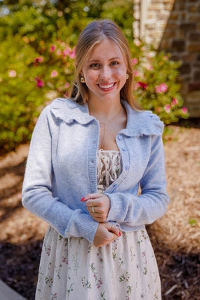 Frills and Thrills Cardigan-Baby Blue Tailored Seams Moisture Wicking Material