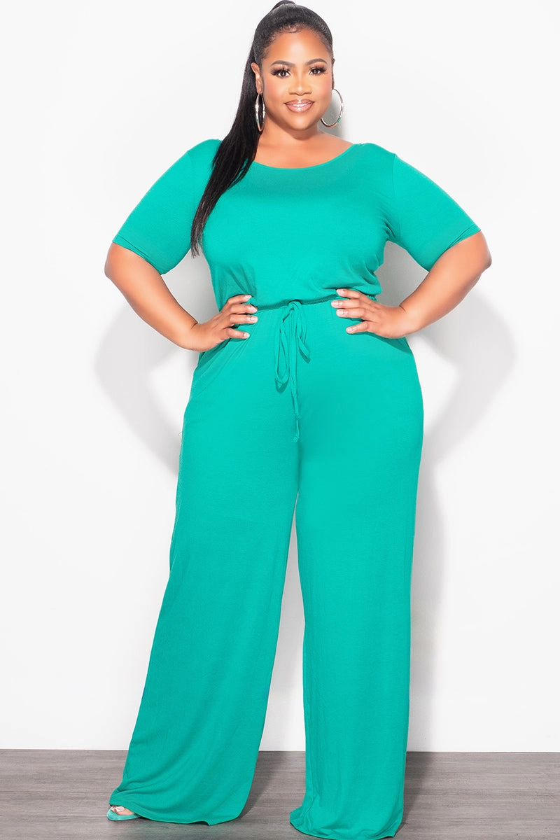 Final Sale Plus Size Short Sleeve Jumpsuit in Kelly Green High-waisted fit City Ready