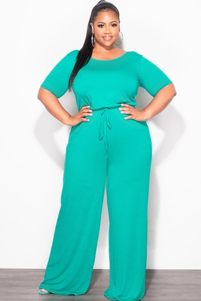 Final Sale Plus Size Short Sleeve Jumpsuit in Kelly Green High-waisted fit City Ready