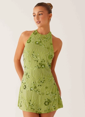 Leo Beaded Mini Dress - Green Smooth Feel Vibrant Hue