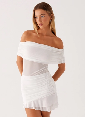 Neutral Flow Bright-colored piece Nelly Off Shoulder Mini Dress - White