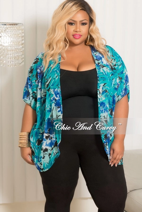 Final Sale Plus Size Chiffon Cardigan in Royal Blue,Teal and Black Seamless Design Functional Layers