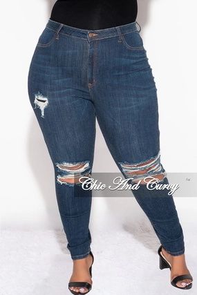 Final Sale Plus Size Distressed Jeans in Dark Blue Light Fit Bootcut shape