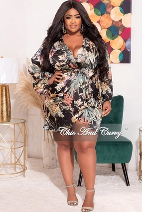 Fitted waist Weekend Wear Final Sale Plus Size Satin Faux Wrap BodyCon in Black Floral Print