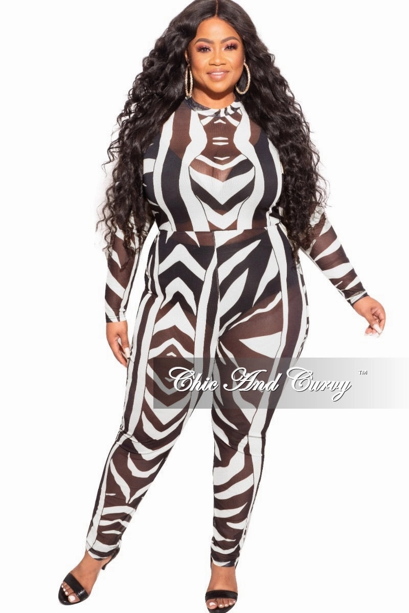 Final Sale Plus Size See Through Mesh Jumpsuit in Black and White Zebra Print Dynamic Fit elastic waistband