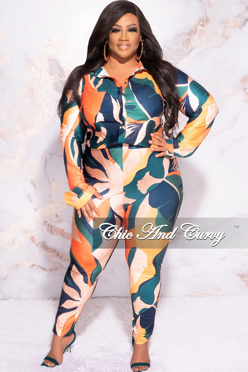 Final Sale Plus Size 2pc Button Up Collar Top and Pants Set in Dark Teal Orange Mustard Multi Color Design Print Stretching Fit Casual Wearable