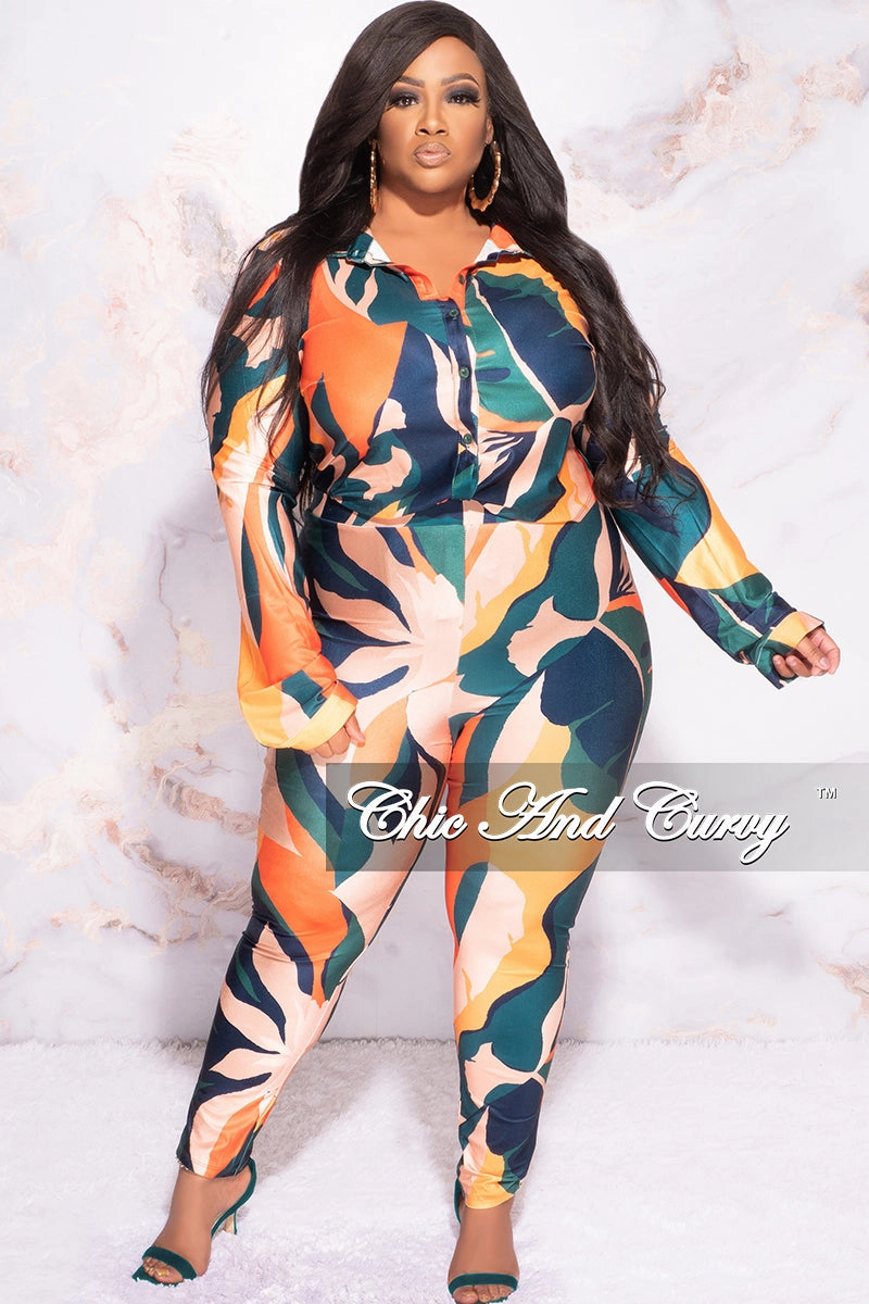 Final Sale Plus Size 2pc Button Up Collar Top and Pants Set in Dark Teal Orange Mustard Multi Color Design Print Versatile Design Comfort Wear Fit