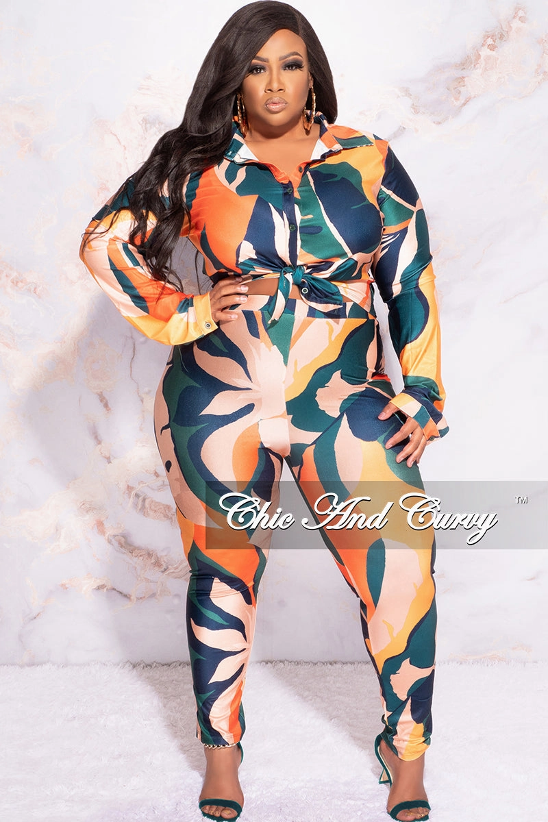 Easy Stretch SoftLining Final Sale Plus Size 2pc Button Up Collar Top and Pants Set in Dark Teal Orange Mustard Multi Color Design Print