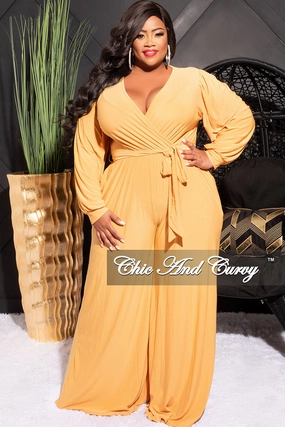 Final Sale Plus Size Faux Wrap Jumpsuit with Waist Tie in Mustard Flexible Performance Wear SecureClosureSystem