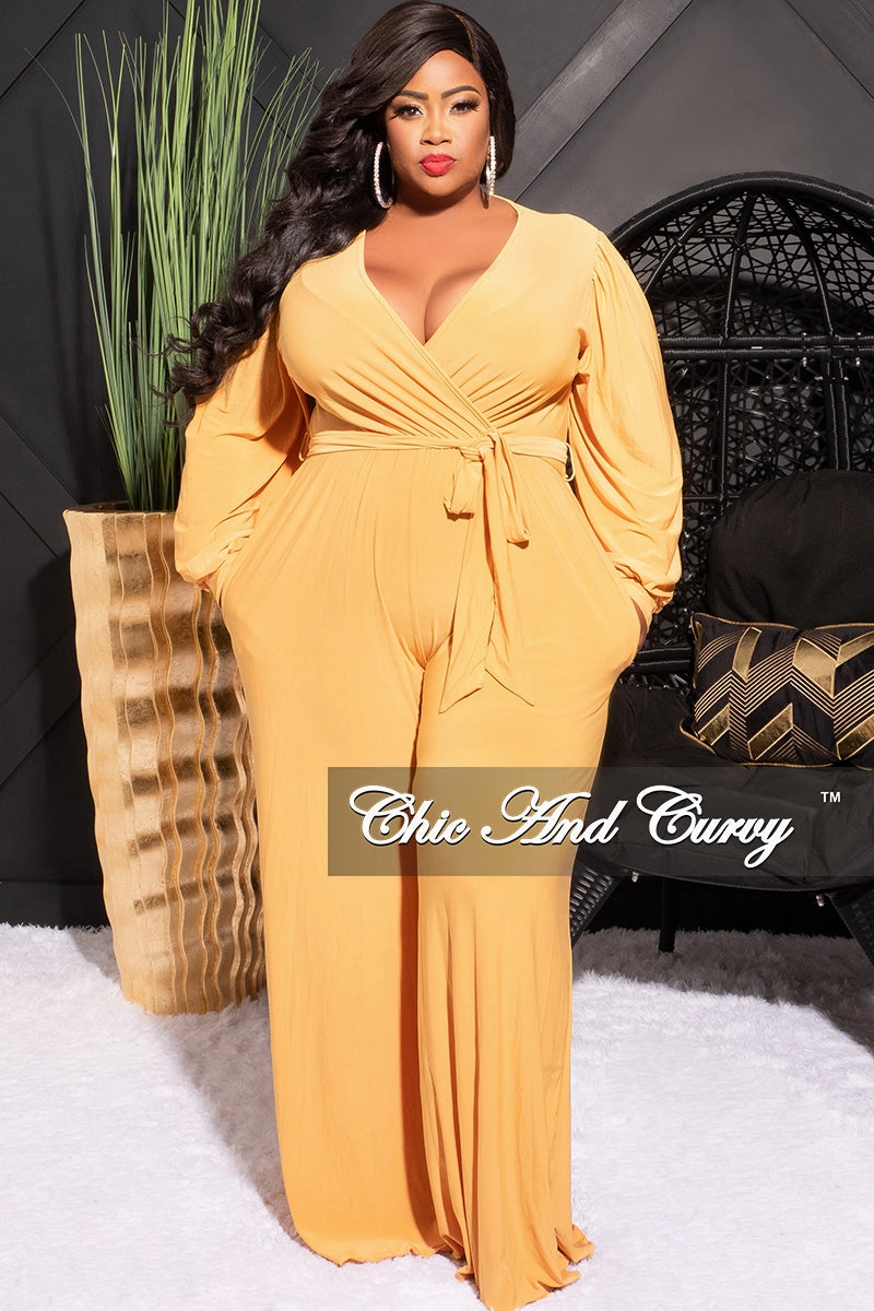 Full Motion DurableReinforcedMaterial Final Sale Plus Size Faux Wrap Jumpsuit with Waist Tie in Mustard