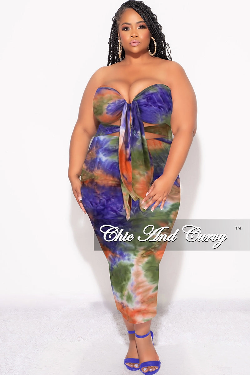 Final Sale Plus Size Strapless Bodycon Dress with Double Tie in Orange, Purple, & Olive Tie Dye Smart Layer Reflective details