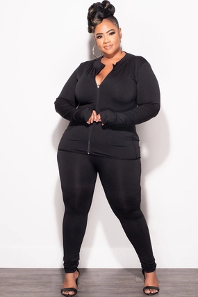 Final Sale Plus Size 2pc Zip-Up Jacket and Legging Set in Black Seamless Fabric Casual Chic