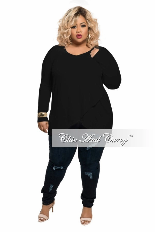 Final Sale Plus Size Long Sleeve V-Neck Top with Tulip Hemline in Black Fade Resistant Dye Chilly Day Comfort