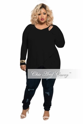 Final Sale Plus Size Long Sleeve V-Neck Top with Tulip Hemline in Black Fade Resistant Dye Chilly Day Comfort