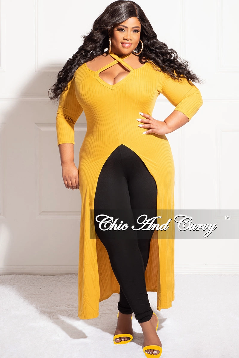 Wrinkle Free Fabric Final Sale Plus Size Ribbed Long Tunic Top in Mustard