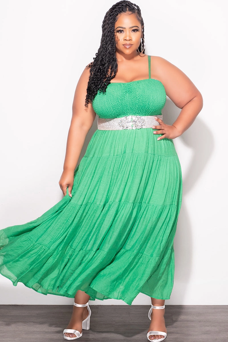 DoubleLayeredHem Simple Cut Final Sale Plus Size Spaghetti Frill Tiered Maxi Dress in Green