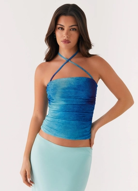 Stretch Woven Material Remedy Halter Top - Blue Tie Dye